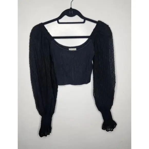 Urban Outfitters Top Womens Small Puff Long Sleeve Sheer Mesh Cropped Shirt - Picture 1 of 6